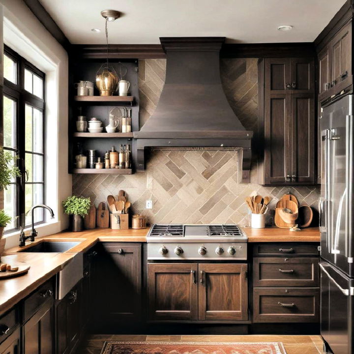 dark wood kitchen with rustic hardware