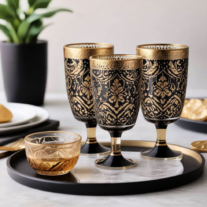 decorative black and gold glassware into kitchen