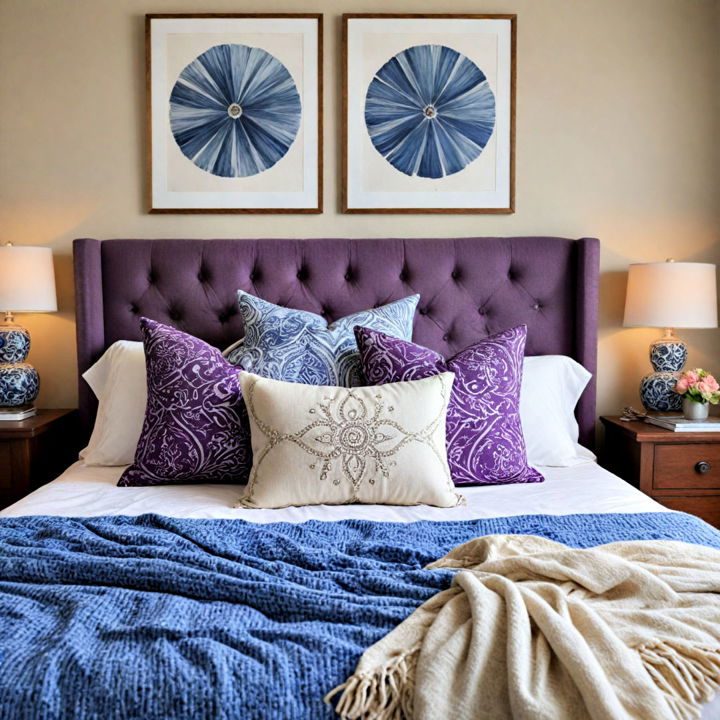 decorative blue and purple pillows and throws
