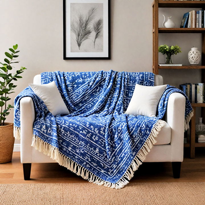 decorative blue and white sofa throws