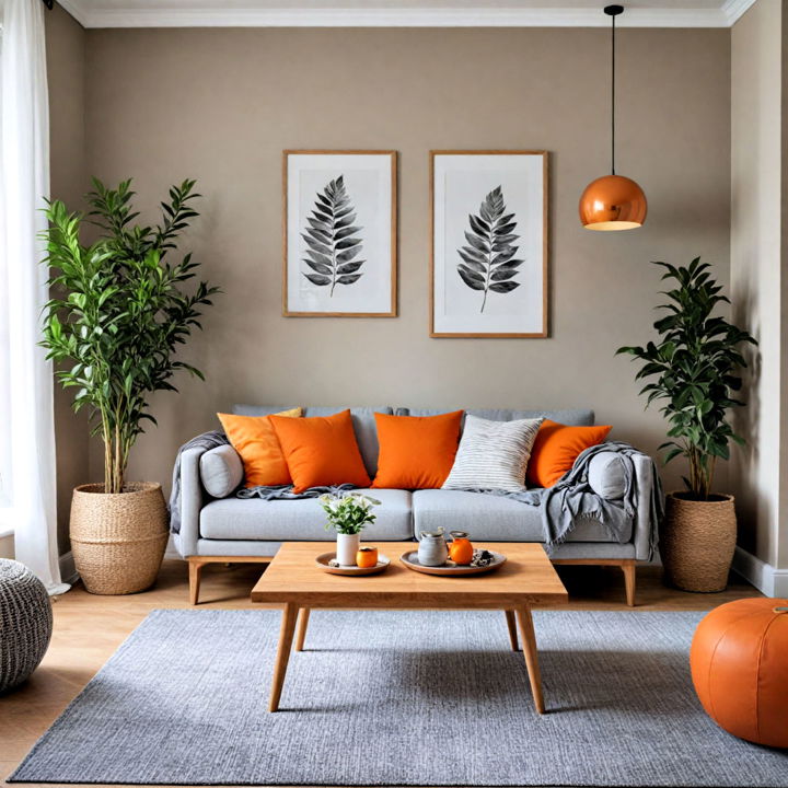 decore orange and grey living room with natural elements