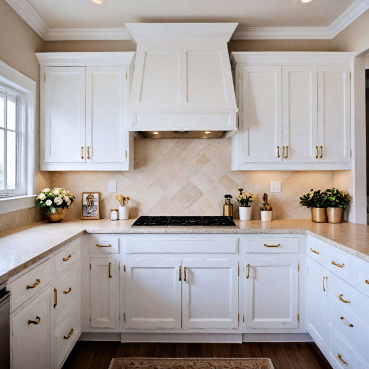 distressed white cabinets with gold hardware