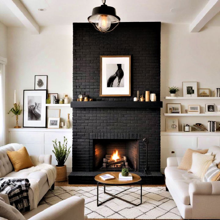 dramatic focal point with a black brick fireplace