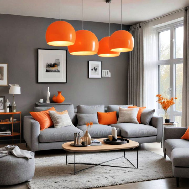 dramatic lighting for orange and grey living room