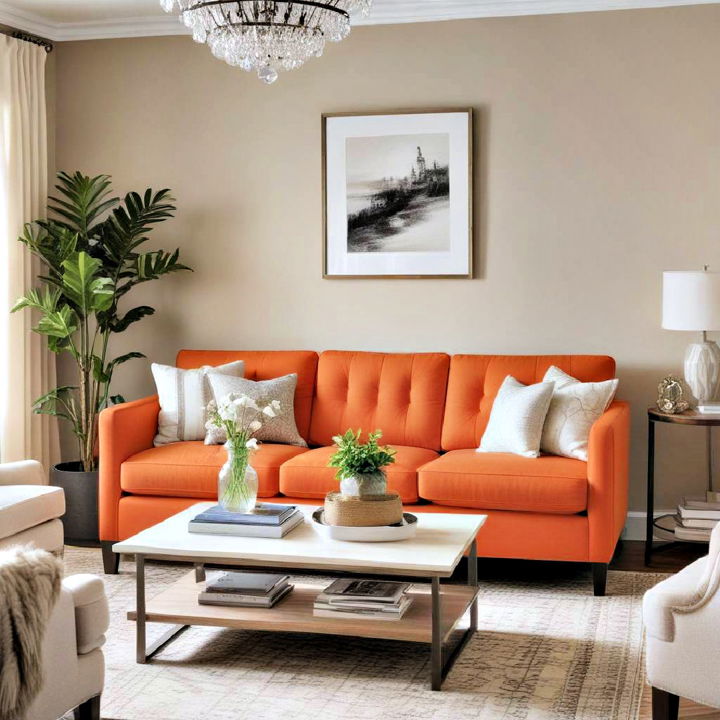 dynamic orange couch with monochromatic shades