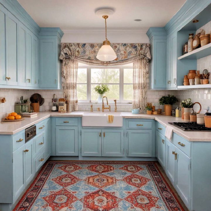 eclectic mix light blue kitchen cabinets