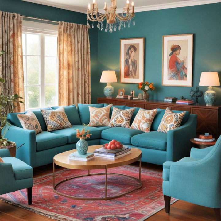 eclectic teal living room