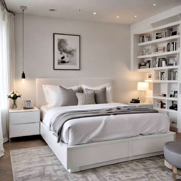 efficient layout grey and white bedroom