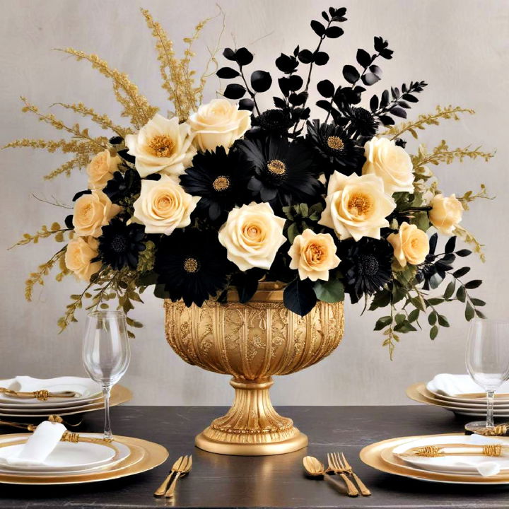 elegance black and gold themed floral arrangements