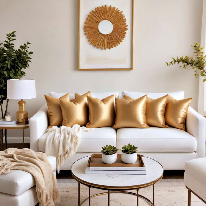 elegance golden accent pillows on a white couch