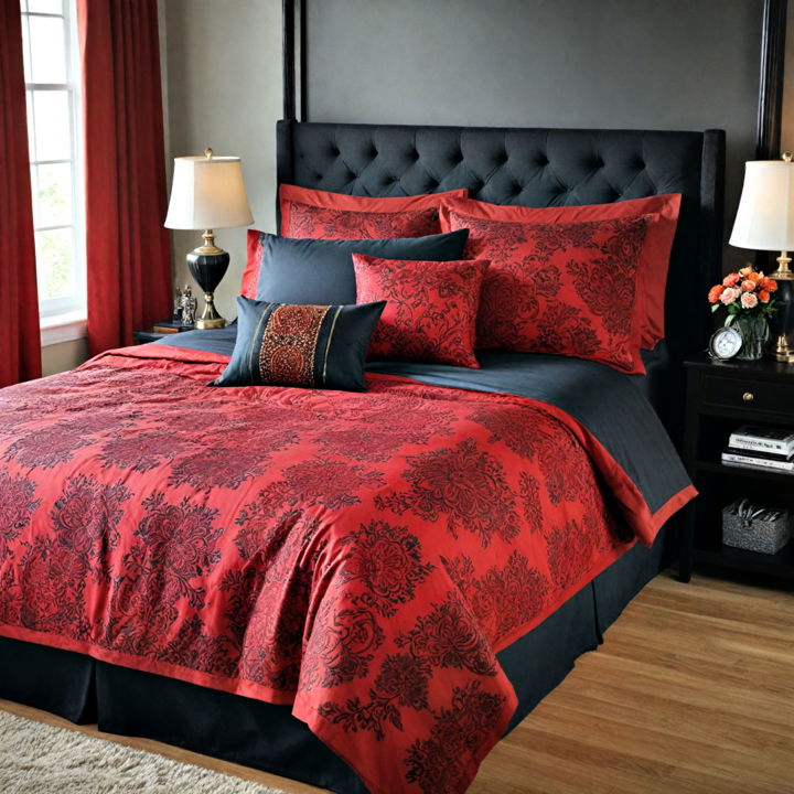 elegant bedding set featuring red and black