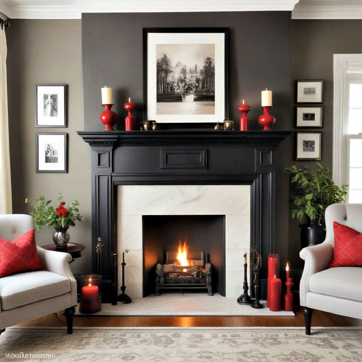 elegant black and red fireplace mantel