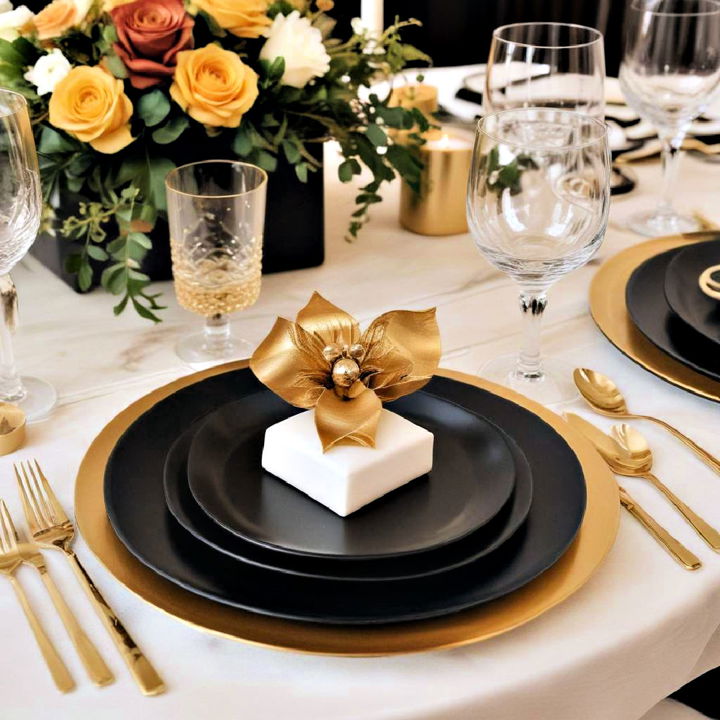 elegant gold chargers and black plates