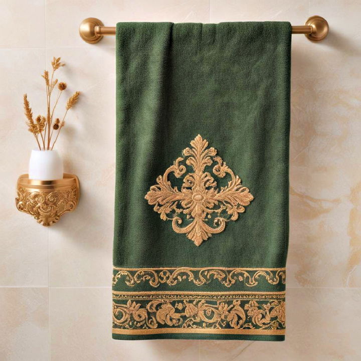 elegant green towels with gold embroidery