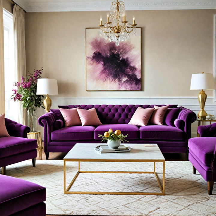 elegant purple velvet sofa for living room