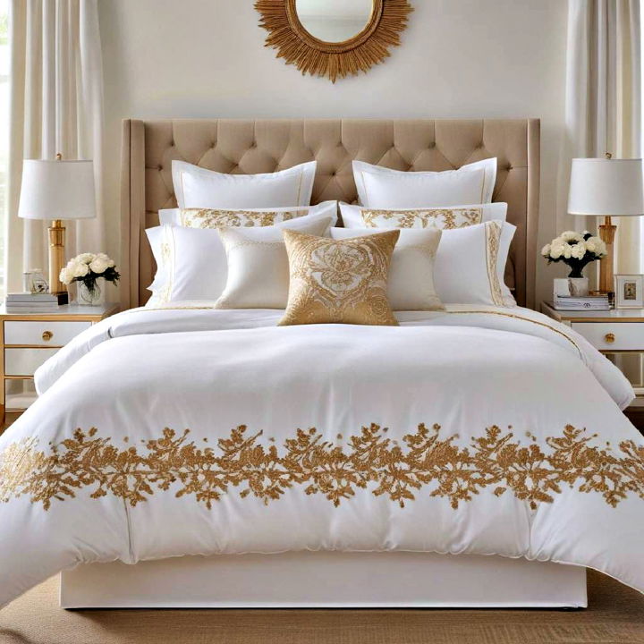 elegant white and gold bedroom bedding