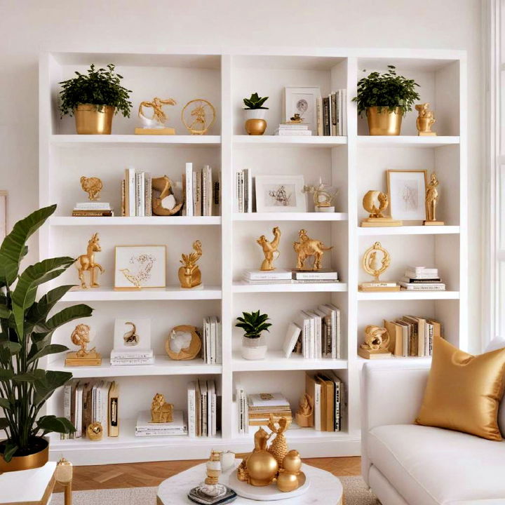 elegant white bookshelves with gold accessories