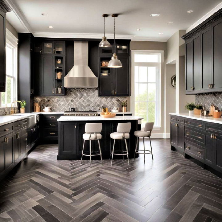 enhance dark wood cabinets by bold flooring