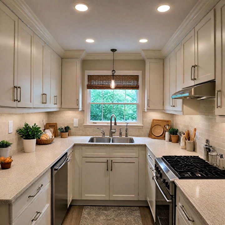 enhanced lighting with beige cabinets