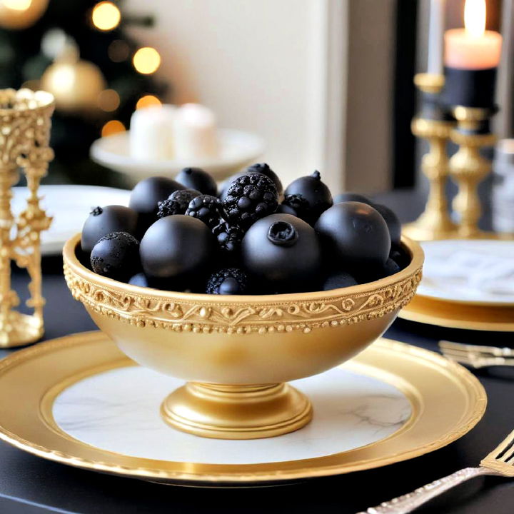 eye catching gold bowls with black ornaments centerpiece