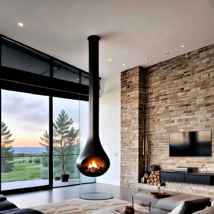 eye catching suspended fireplace design