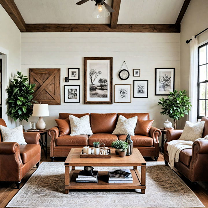 farmhouse style brown leather couch living room