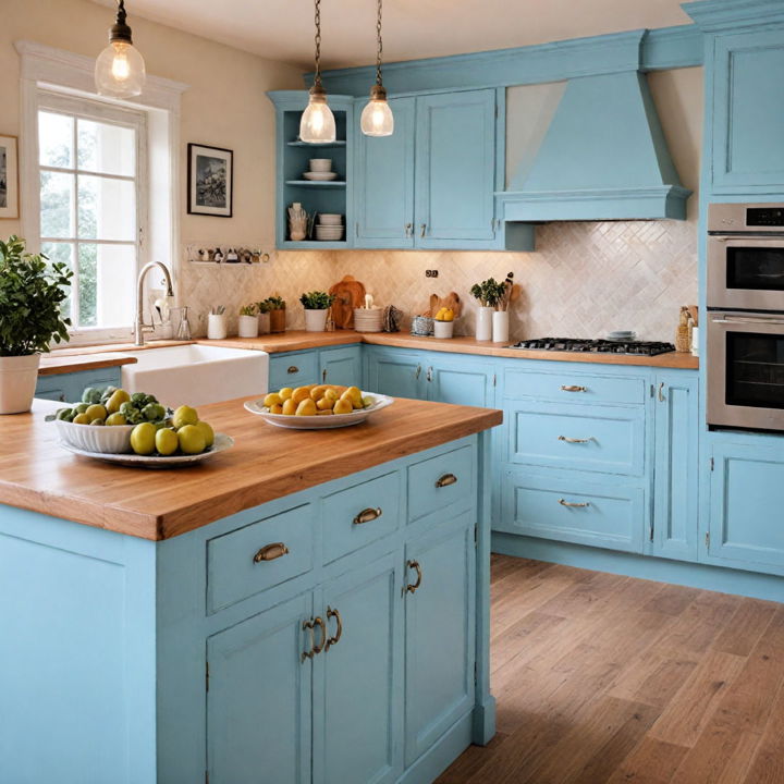 farmhouse style light blue cabinets