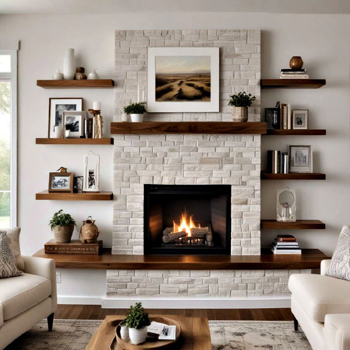 floating hardwood shelves around fireplace