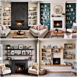 floating shelves around fireplace design ideas