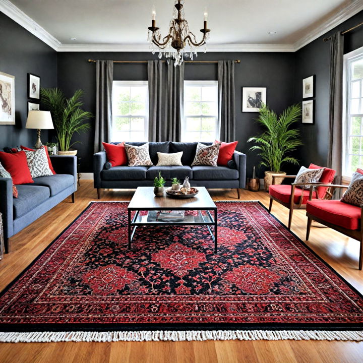 foundational black rug with red pattern