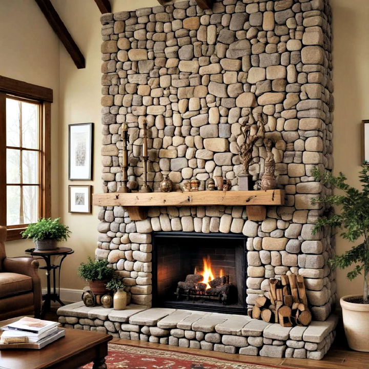 functional cobblestone fireplace