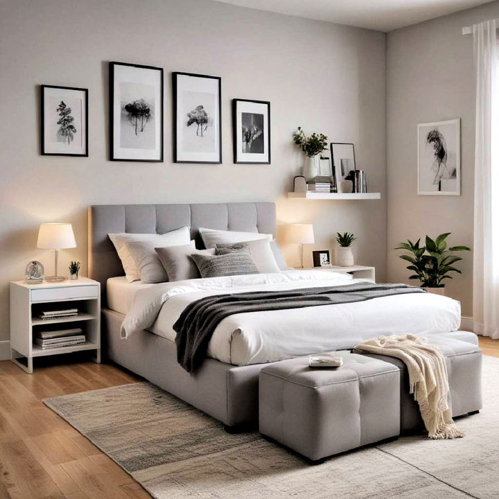 functional furniture for grey and white bedroom