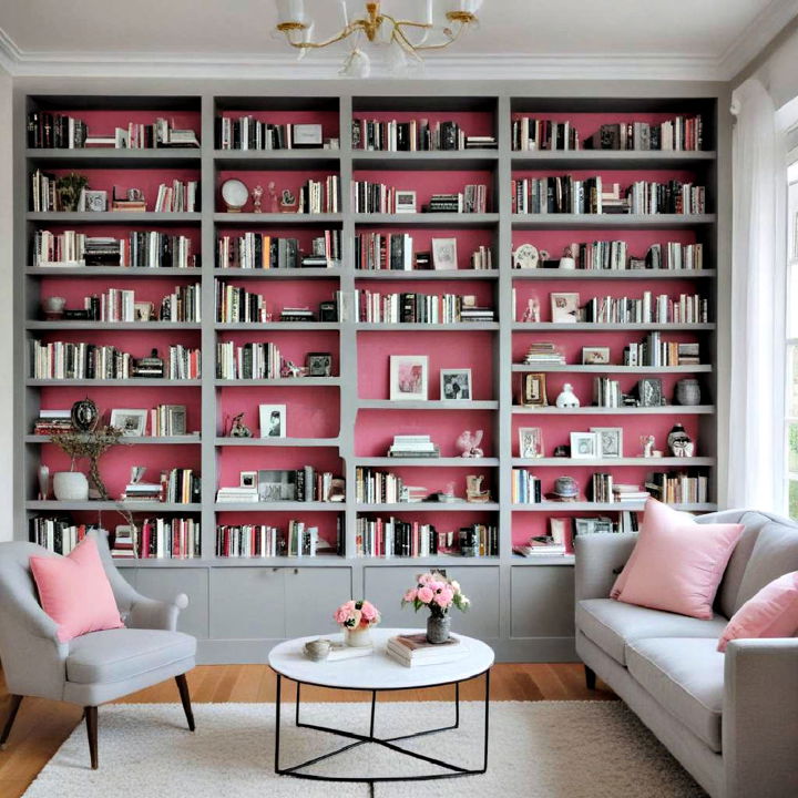 functional pink and grey bookshelves