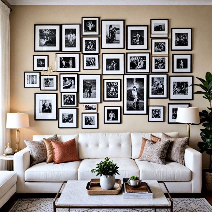 gallery wall behind white couch