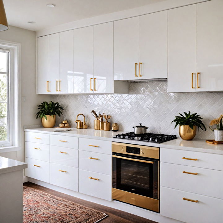 glossy white cabinets with gold hardware