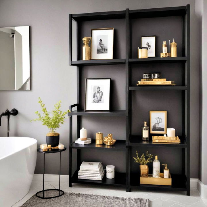 gold accessories on black shelves