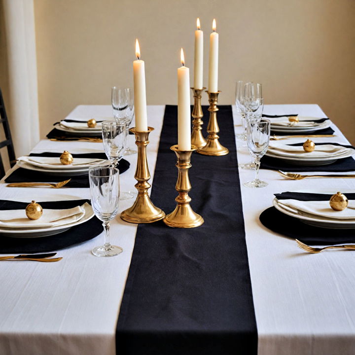 gold candle holders with black table runners