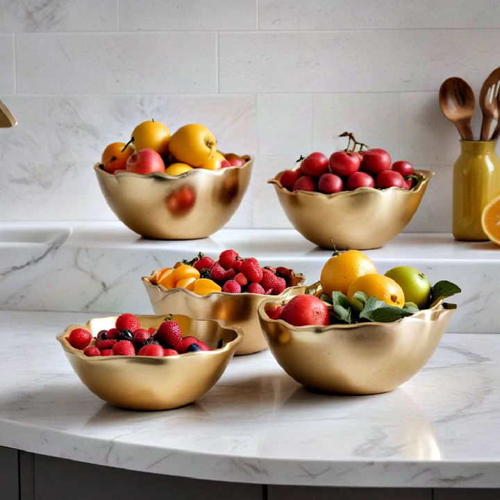 gold fruit bowls for white and gold kitchen