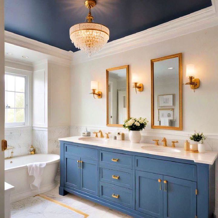 gold lighting fixtures with blue ceiling