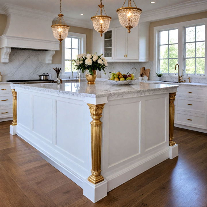 gold trimmed white kitchen island
