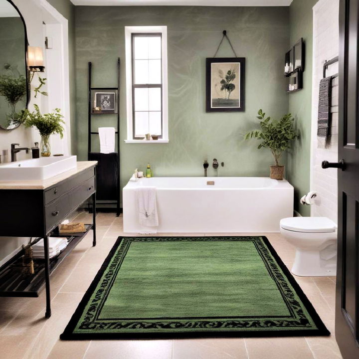 green bathroom rug with black detailing