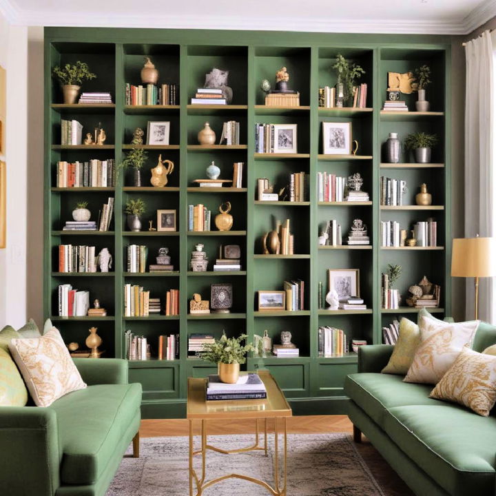 green bookshelves for living room