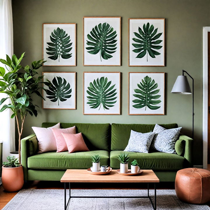 green couch with vibrant plant themed artwork