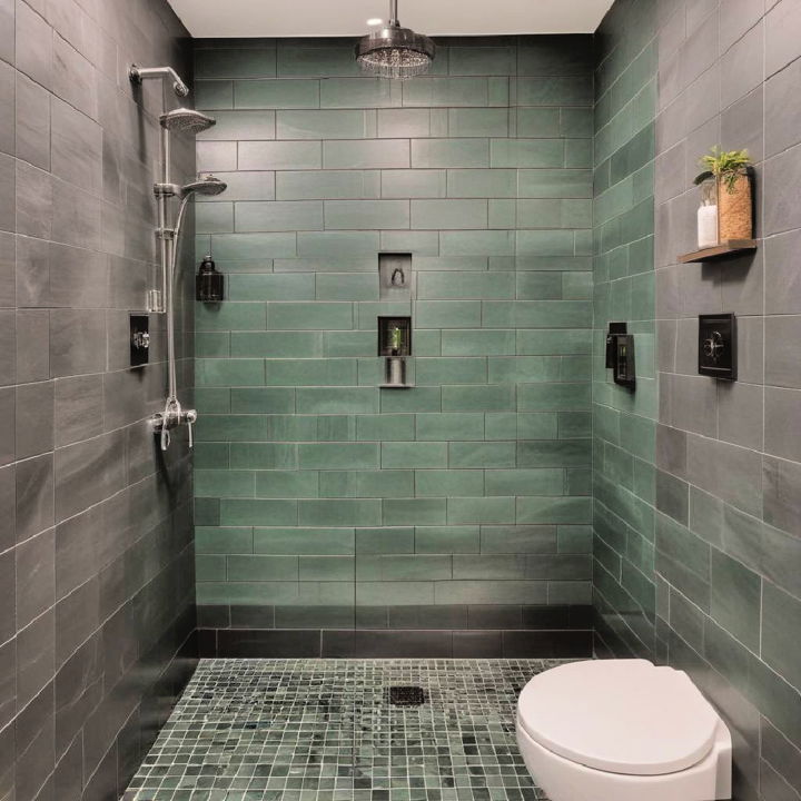 green shower tile with black grout