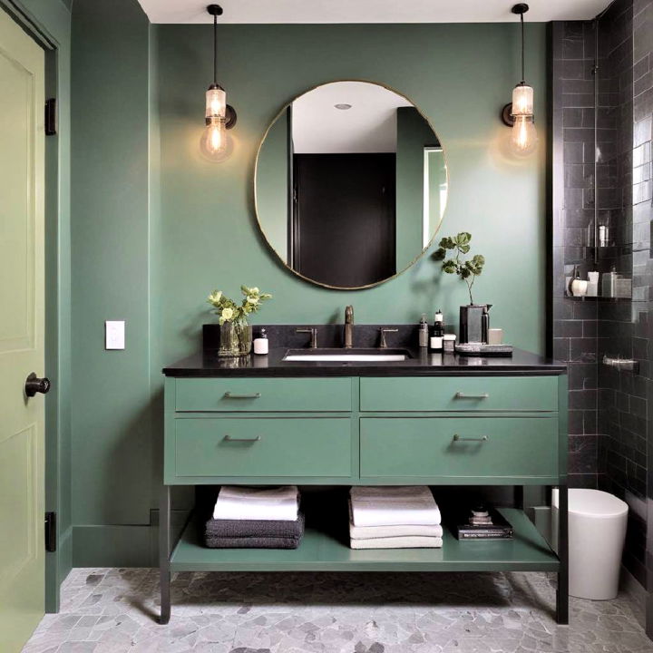 green vanity with black countertop