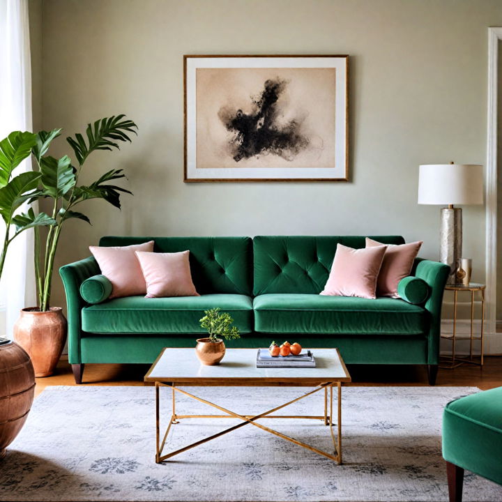 green velvet couch living room