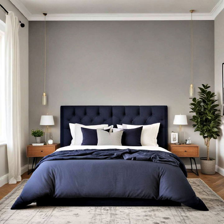 grey accent wall with navy blue decor for bedroom