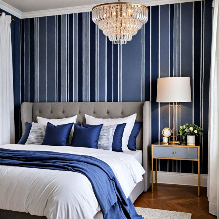 grey and navy blue striped wallpaper for bedroom