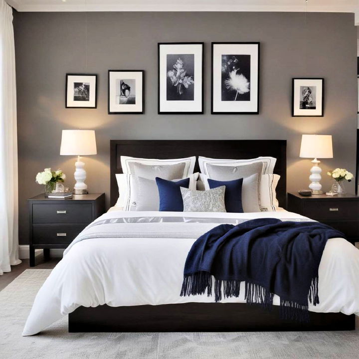 grey and white bedroom with contrasting accessories