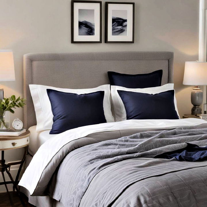 grey bedspread with navy blue pillows